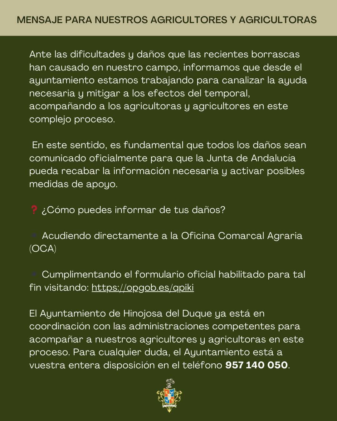 Hinojosa del Duque pide a agricultores notificar daños por borrascas para tramitar ayudas