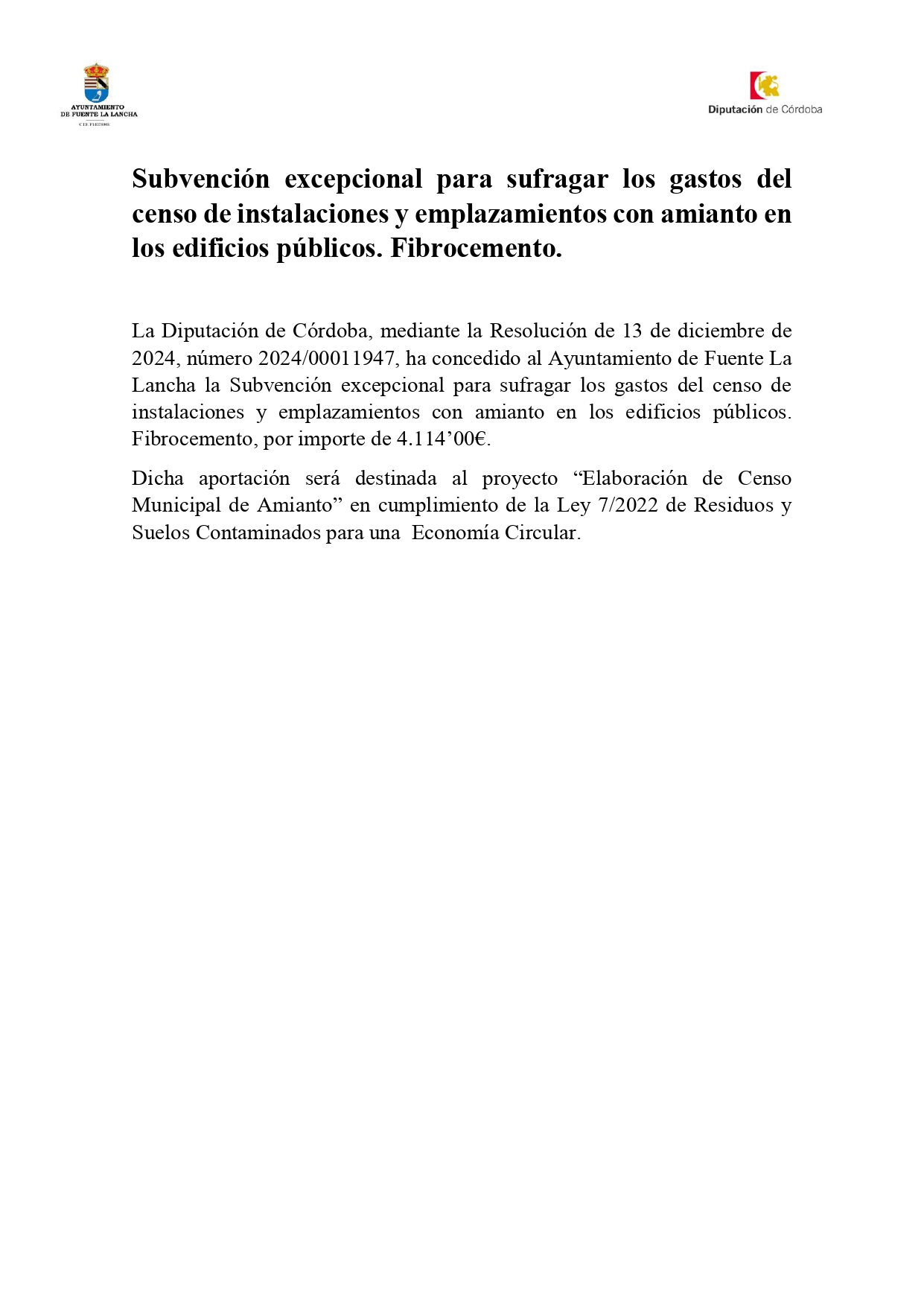 SUBVENCIÓN ELABORACIÓN CENSO MUNICIPAL DE AMIANTO