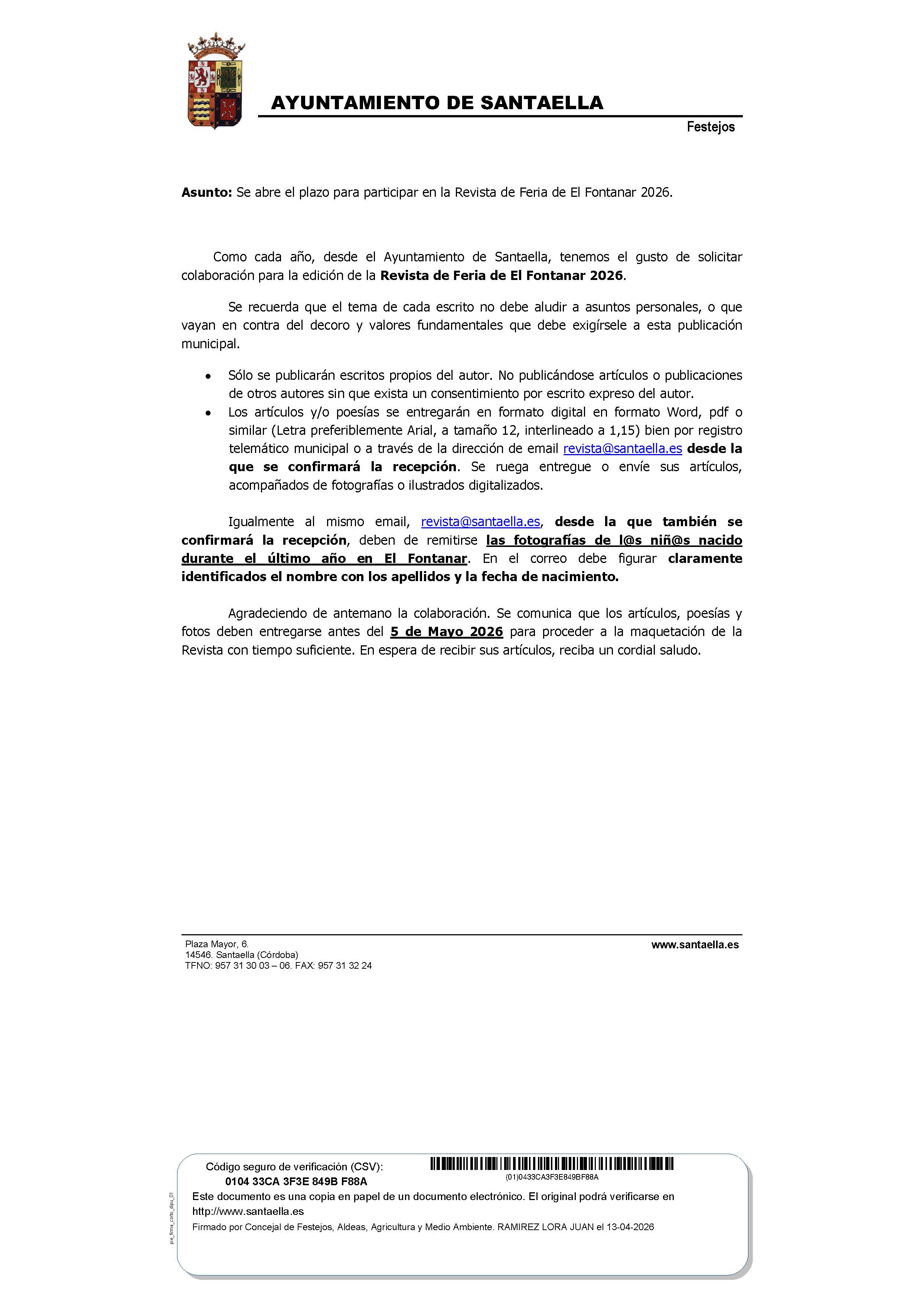 Convocatoria: envía artículos, poesías y fotos para la revista municipal antes del 5/5/2026