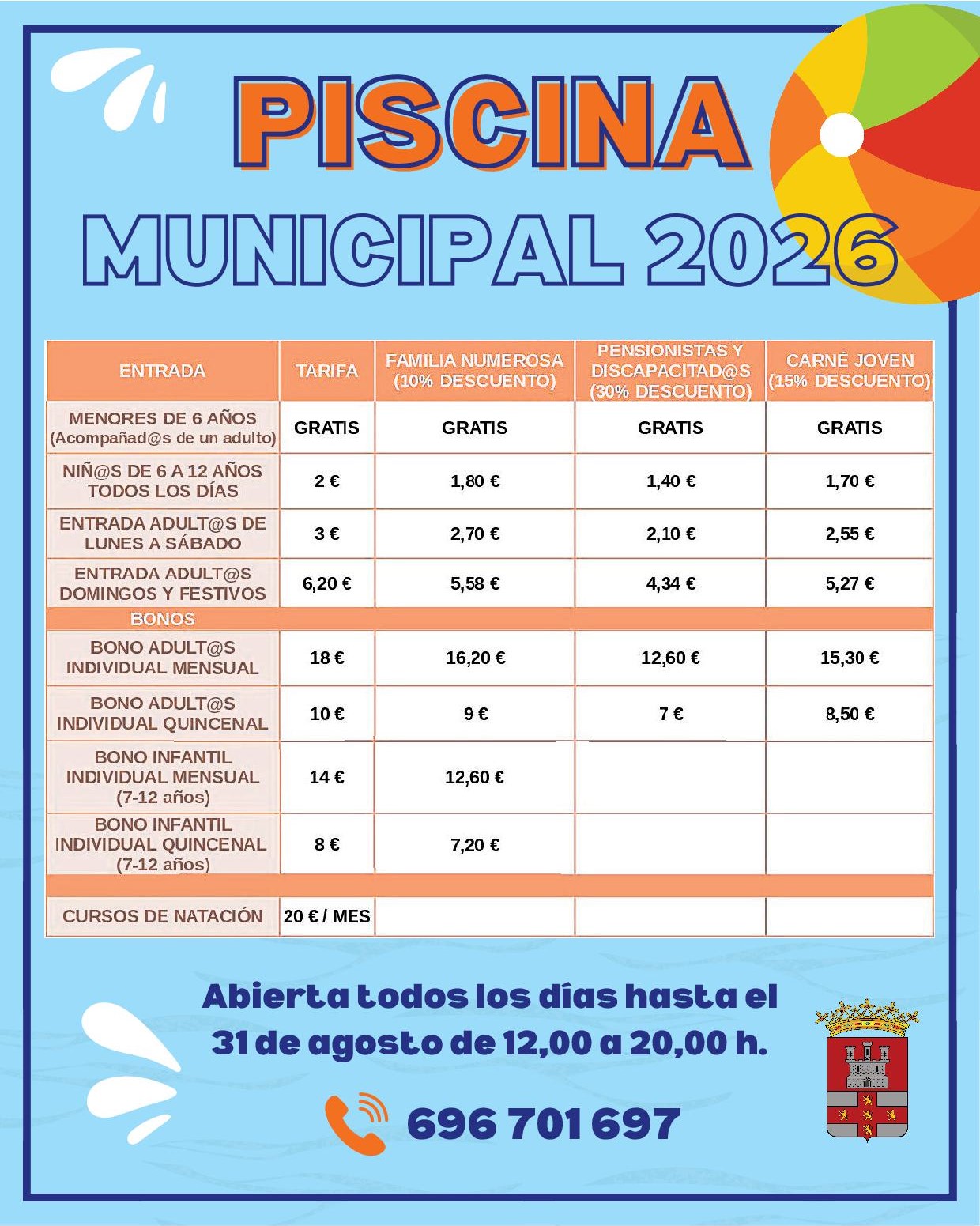 Tarifas piscina municipal de verano 2026