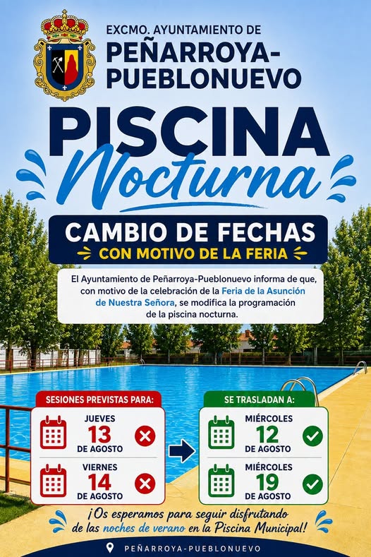 Piscina municipal reubica aperturas nocturnas: 13 y 14 de agosto pasan a 12 y 19