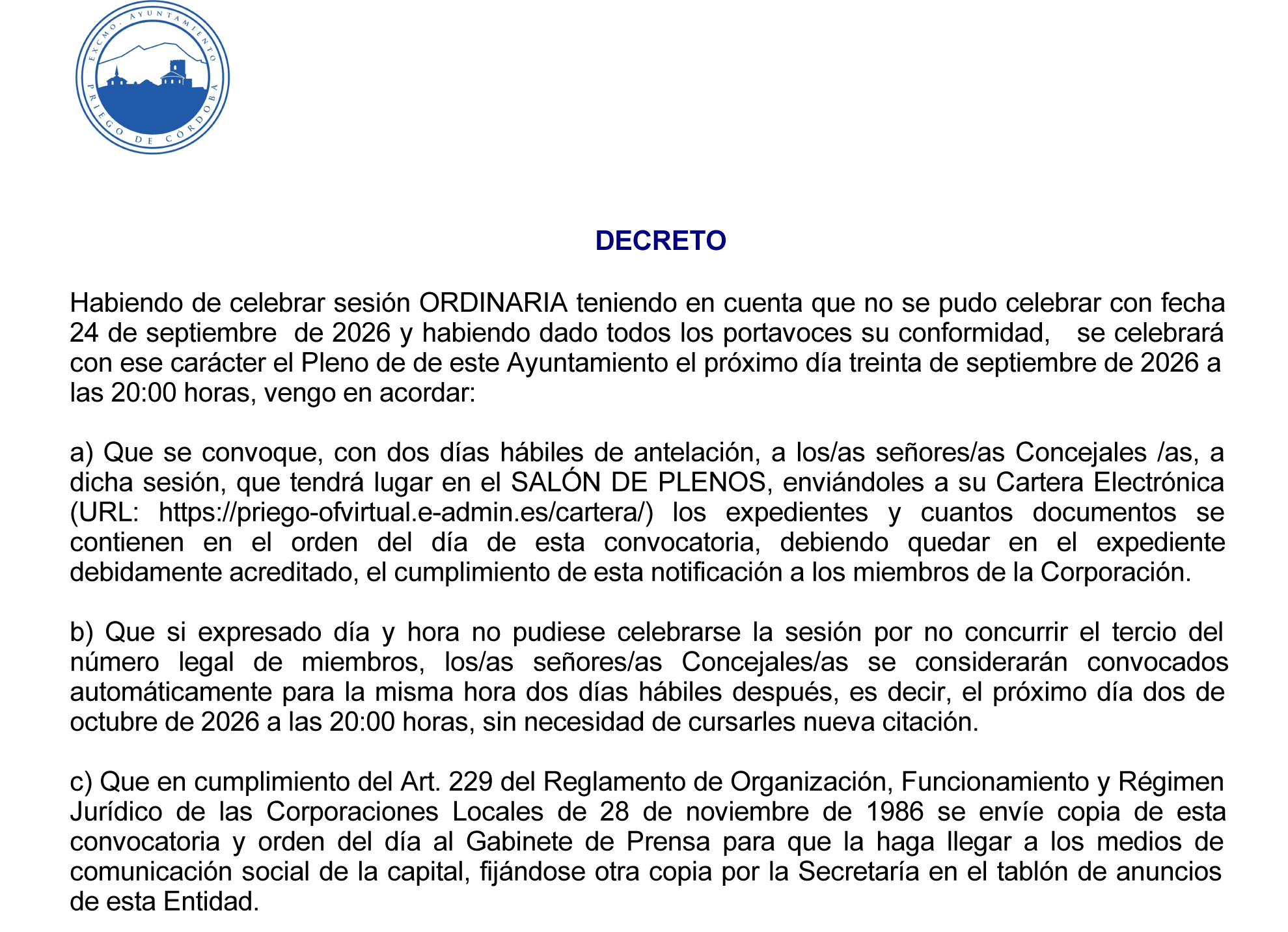 Próximo Pleno convocado para el 30 de septiembre de 2026, Síguelo en Directo